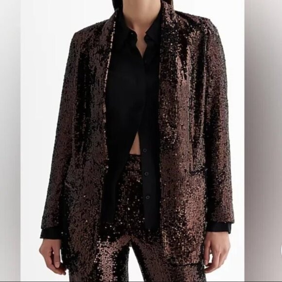 NWT Express Sequin Open Front Boyfriend Blazer, Bronze, XL - Picture 1 of 7